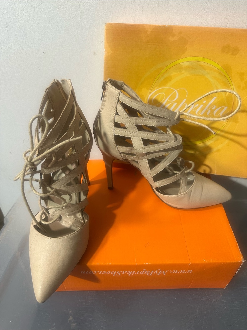 Paprika Women's Lace-Up Strappy Pointed Toe Heels in Beige